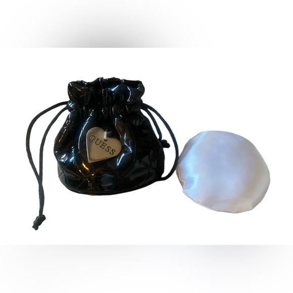 GUESS Mini Black Patent Leather Drawstring Quilted Pouch Silver Heart Logo Charm - Picture 5 of 7